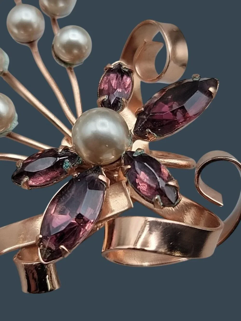 Vintage Large Amethyst Rhinestone Faux Pearl Rose Gold Plated Spray Brooch